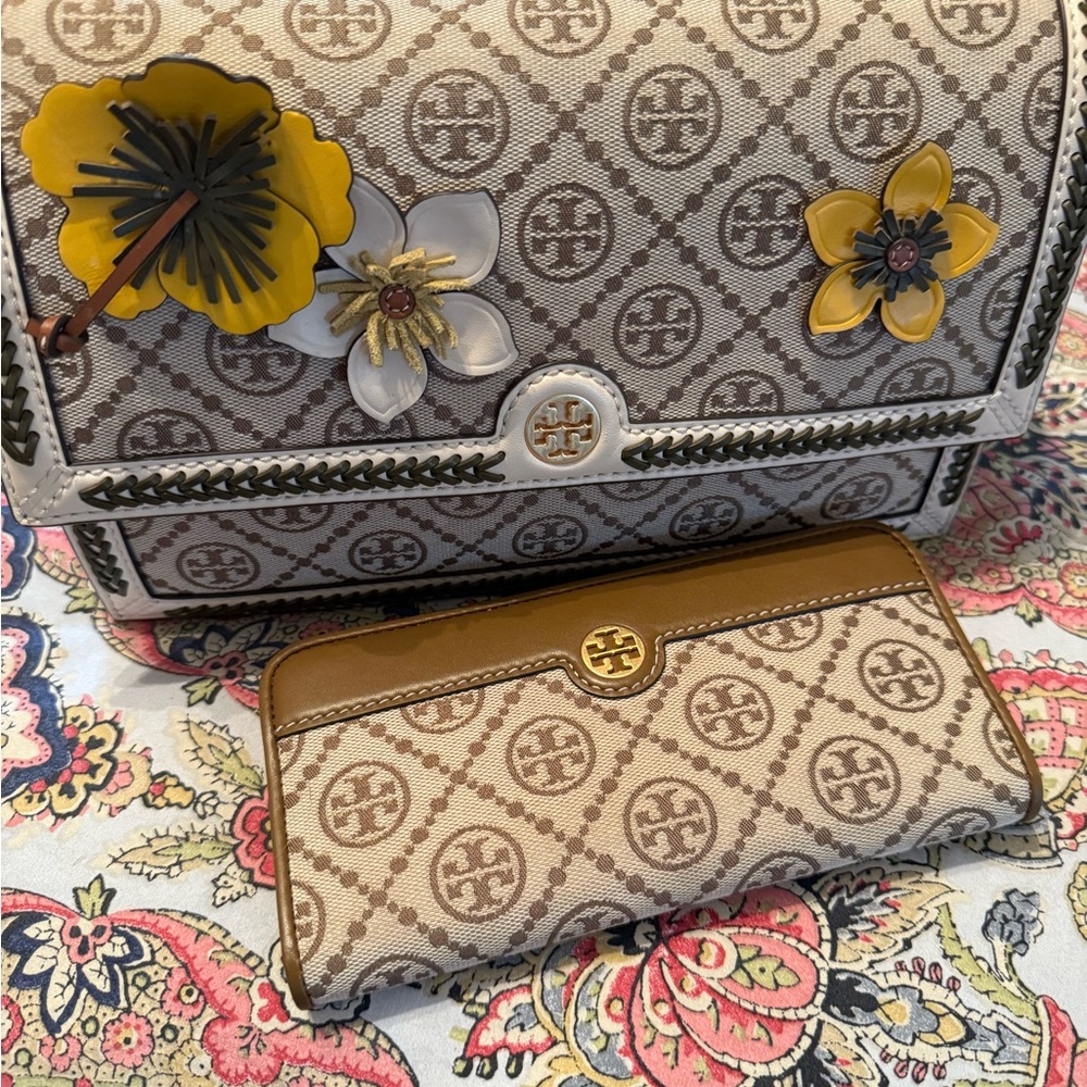 Tory Burch T Monogram Braided Floral Bag and Matching Wallet